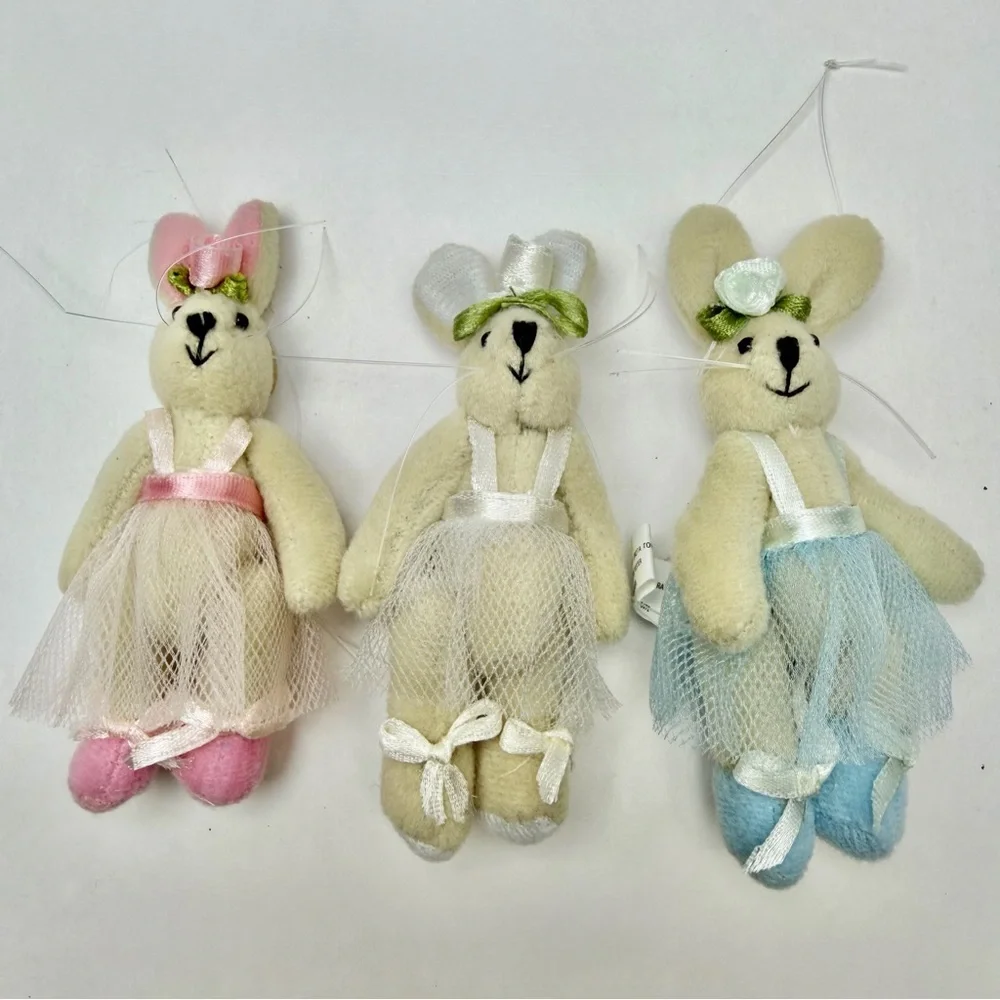 Vintage Plush Bunny Ballerina Ornaments Set 3 Cottagecore Decor